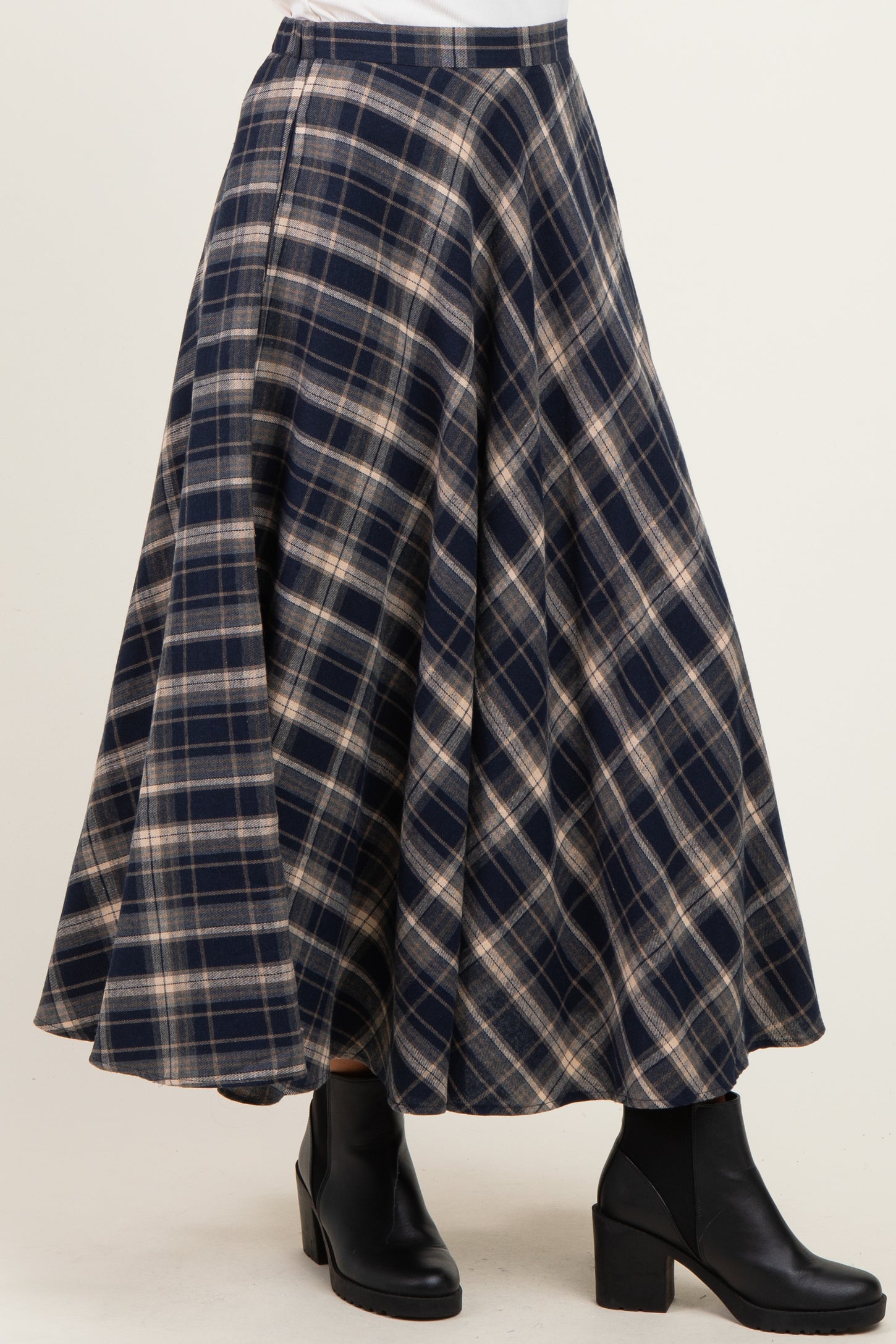 Navy Plaid A-Line Maxi Skirt