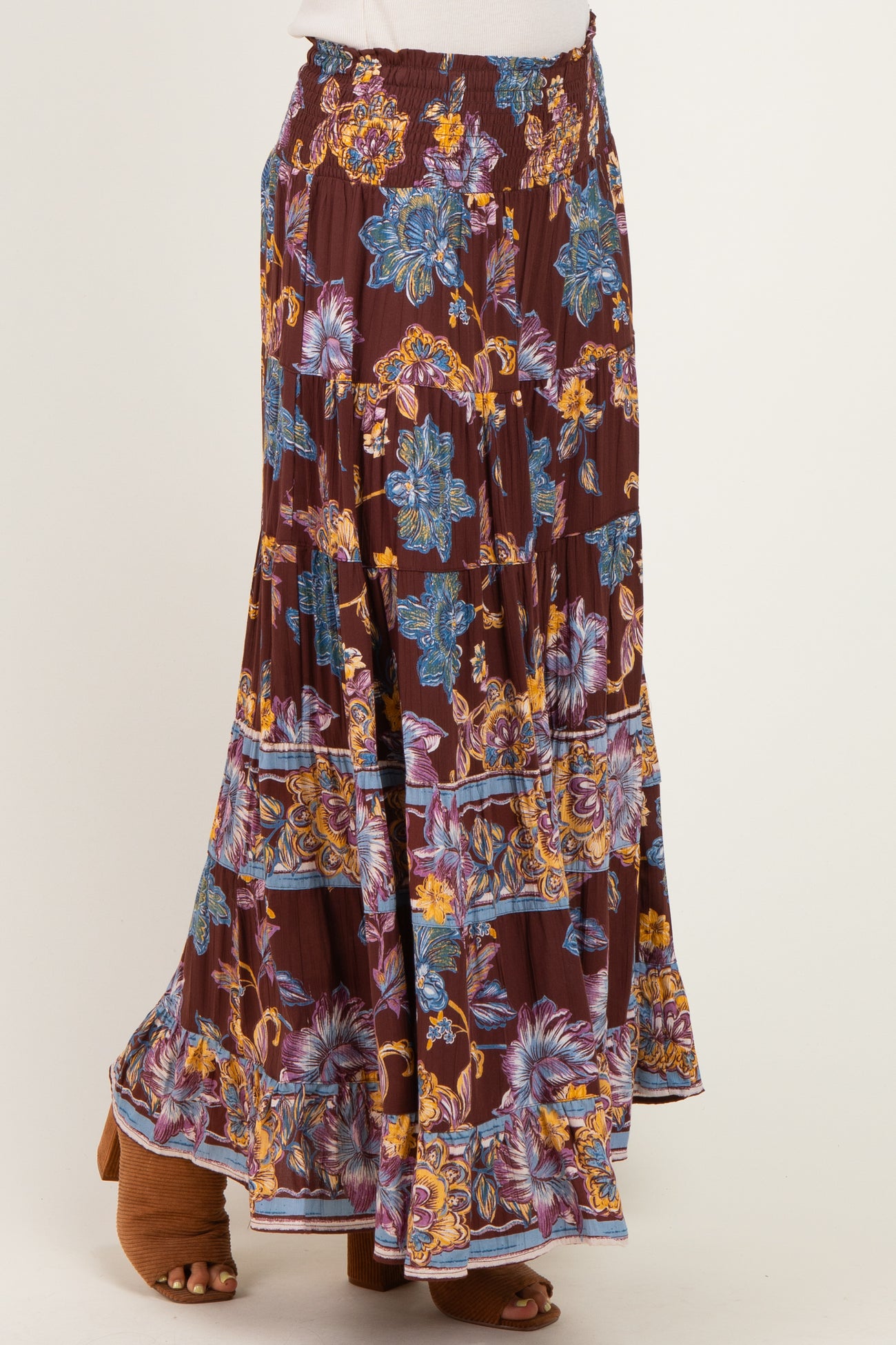 Cocoa Floral Smocked Waistband Tiered Maxi Skirt