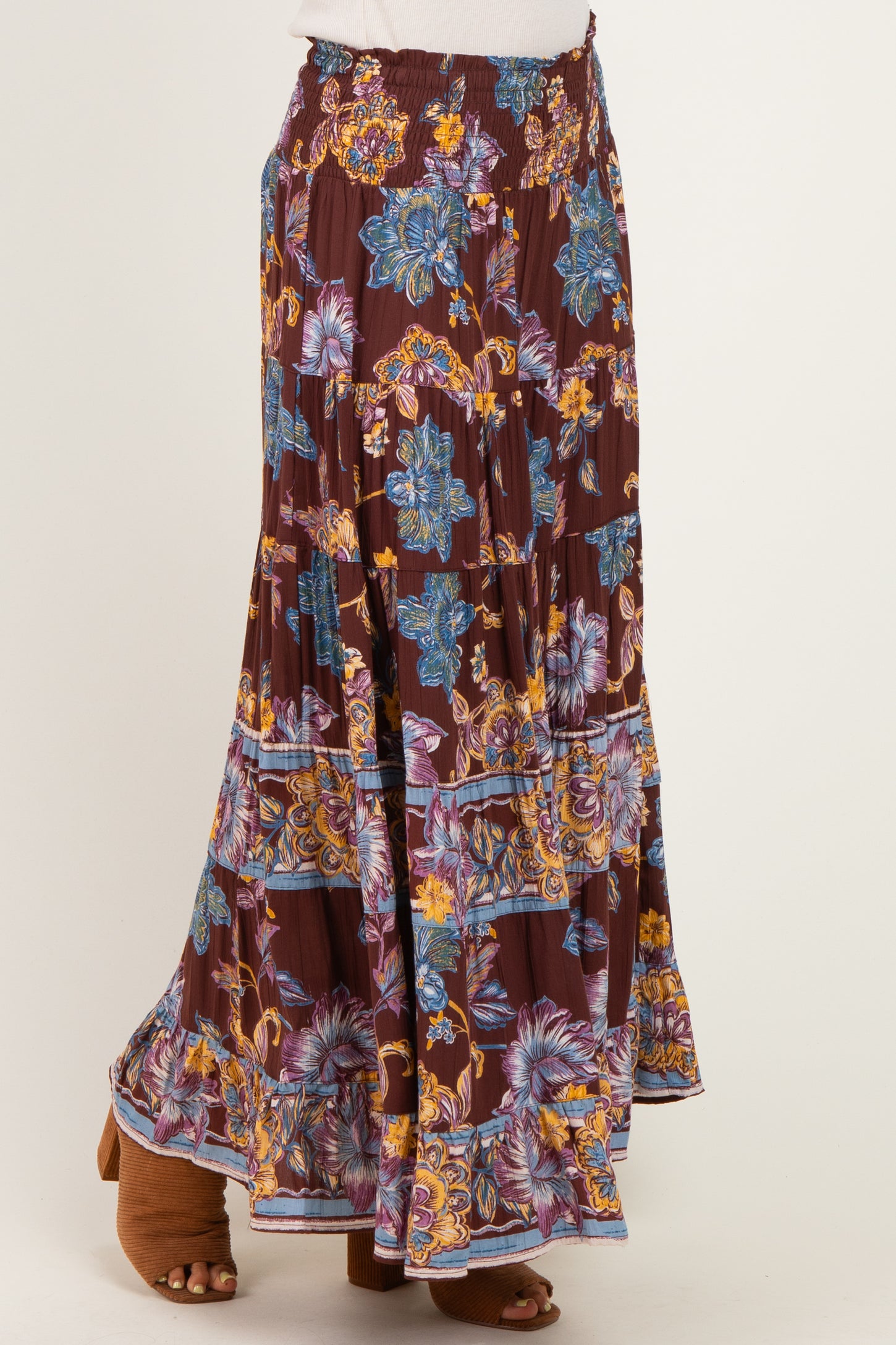 Cocoa Floral Smocked Waistband Tiered Maxi Skirt