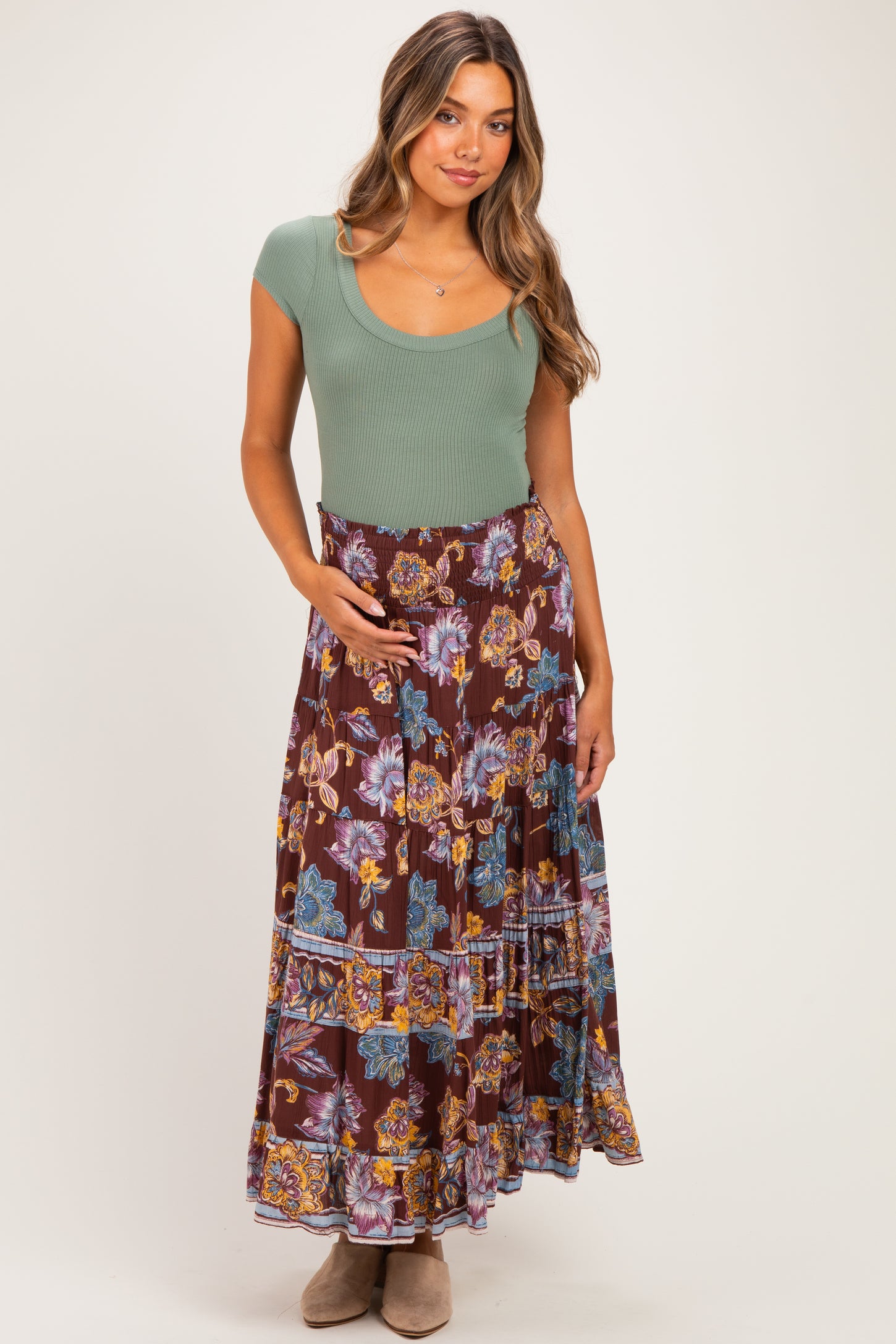 Cocoa Floral Smocked Waistband Tiered Maternity Maxi Skirt