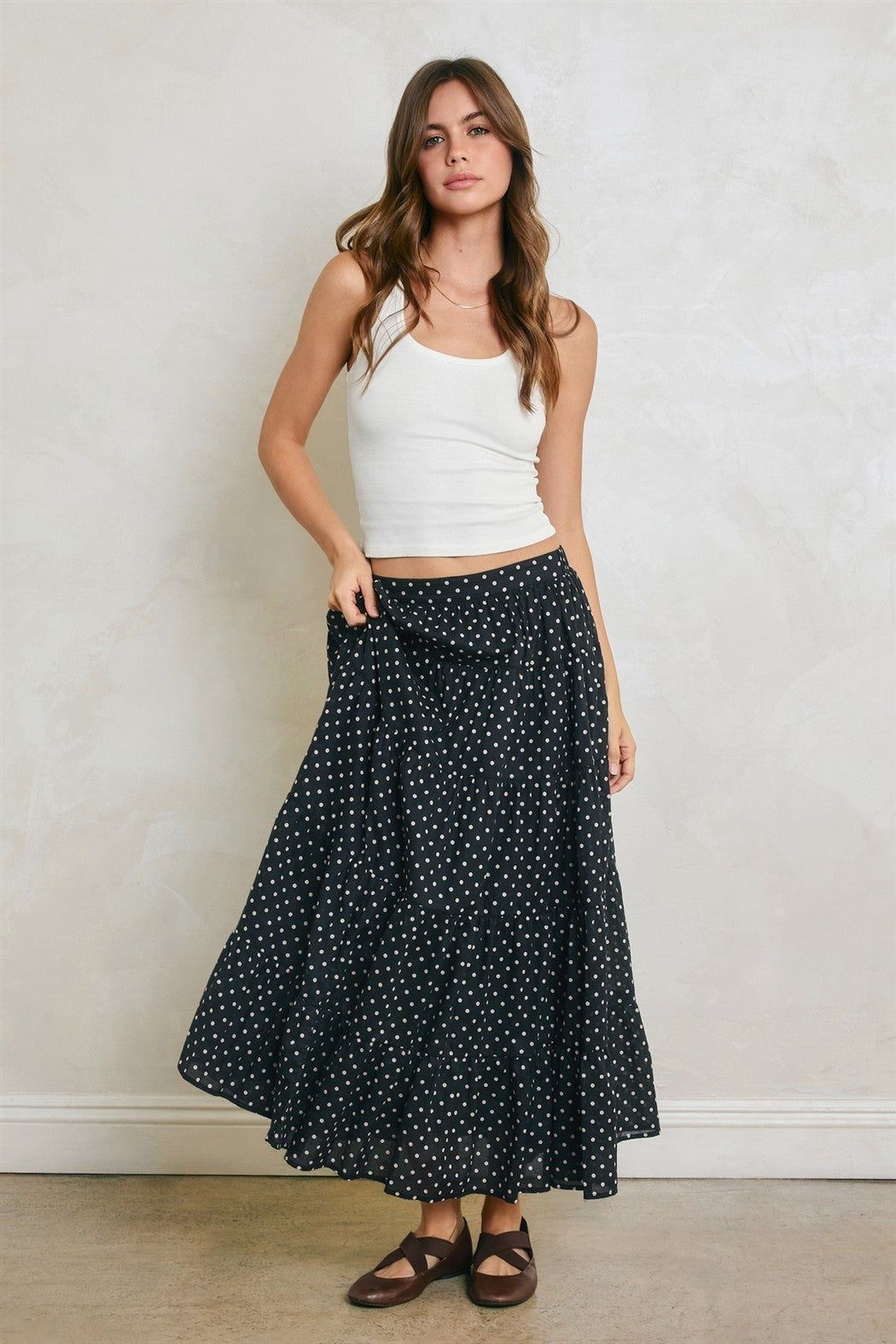 Black Polka Dot Tiered Maxi Skirt
