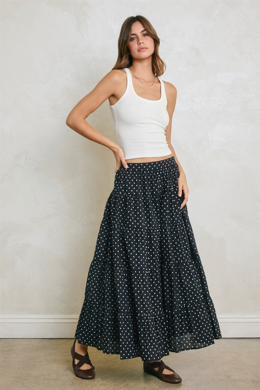 Black Polka Dot Tiered Maxi Skirt