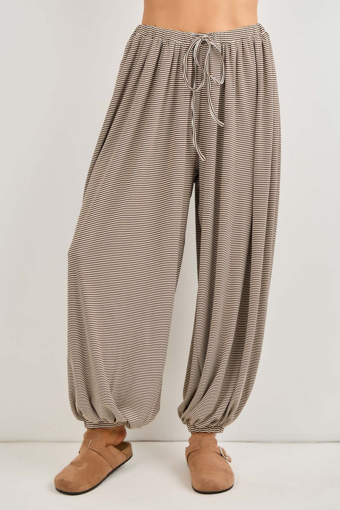 Brown Striped Knit Drawstring Maternity Pants