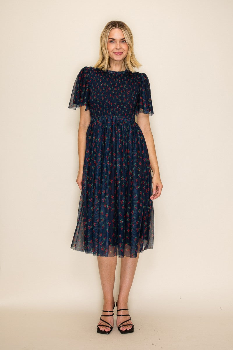 Dark Navy Floral Mesh Smocked Maternity Midi Dress