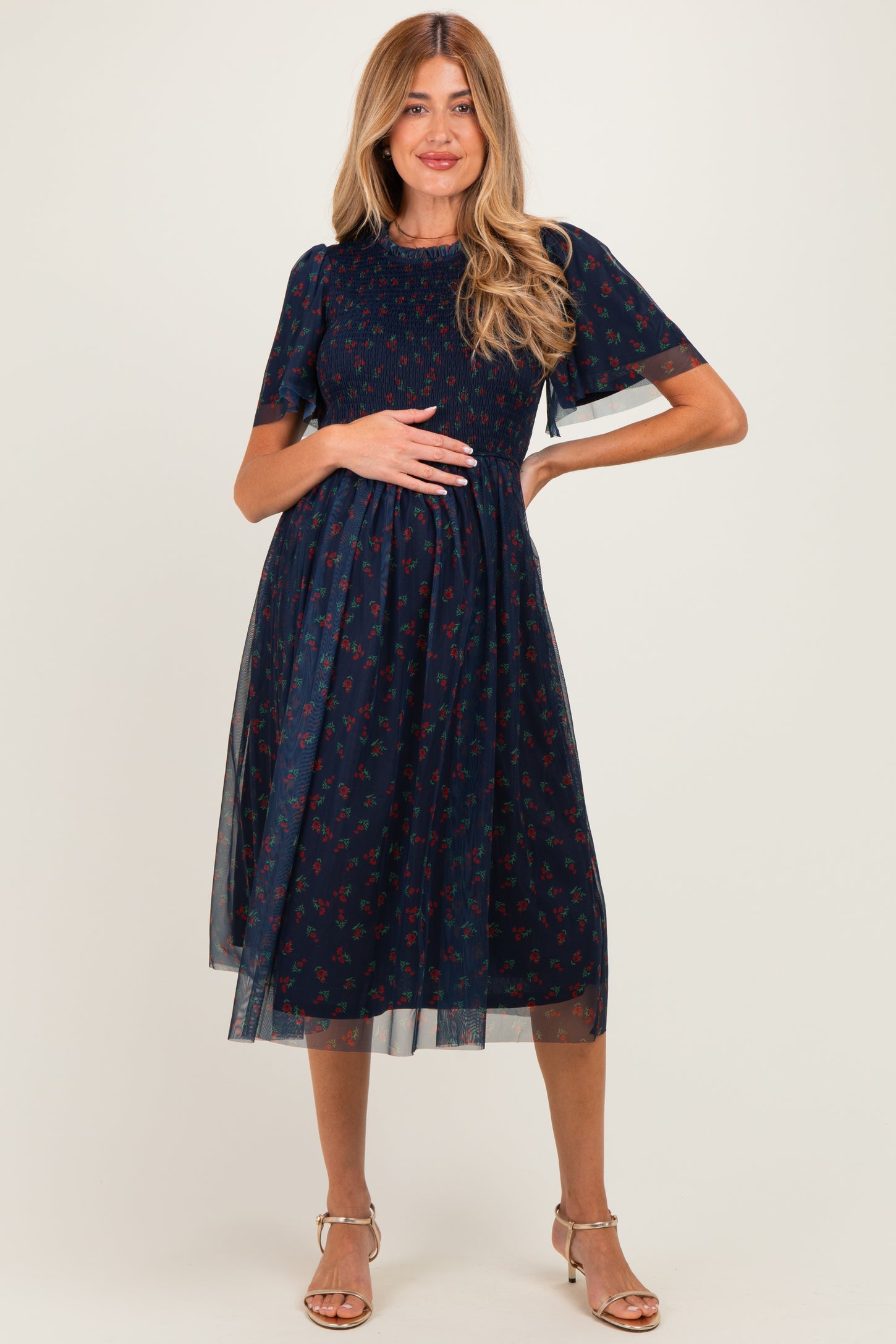 Dark Navy Floral Mesh Smocked Maternity Midi Dress