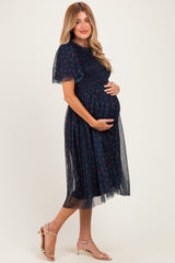 Dark Navy Floral Mesh Smocked Maternity Midi Dress
