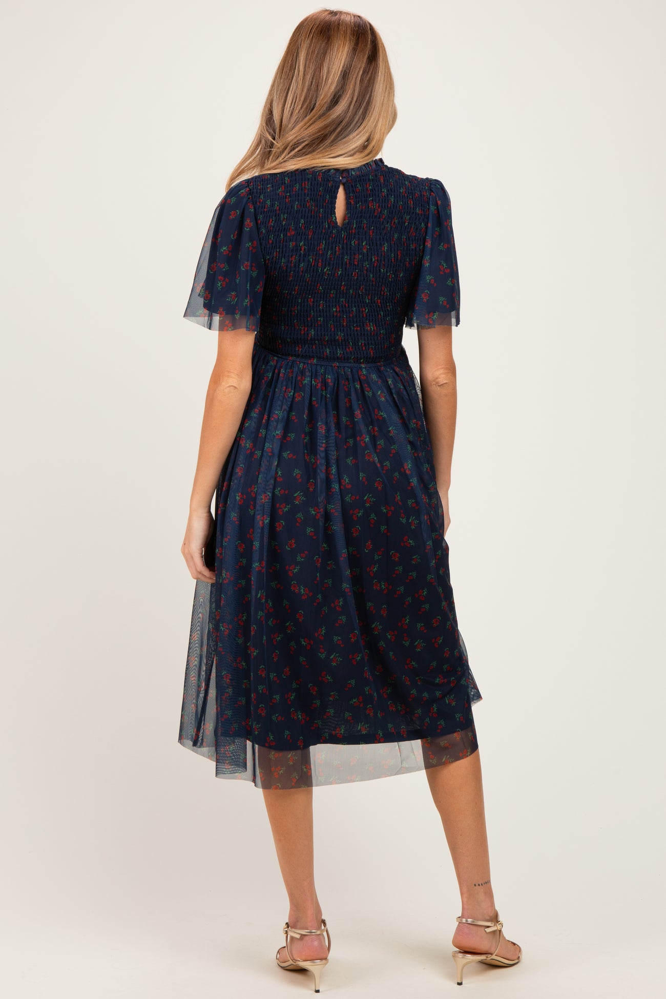 Dark Navy Floral Mesh Smocked Maternity Midi Dress