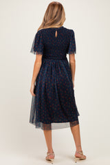 Dark Navy Floral Mesh Smocked Maternity Midi Dress