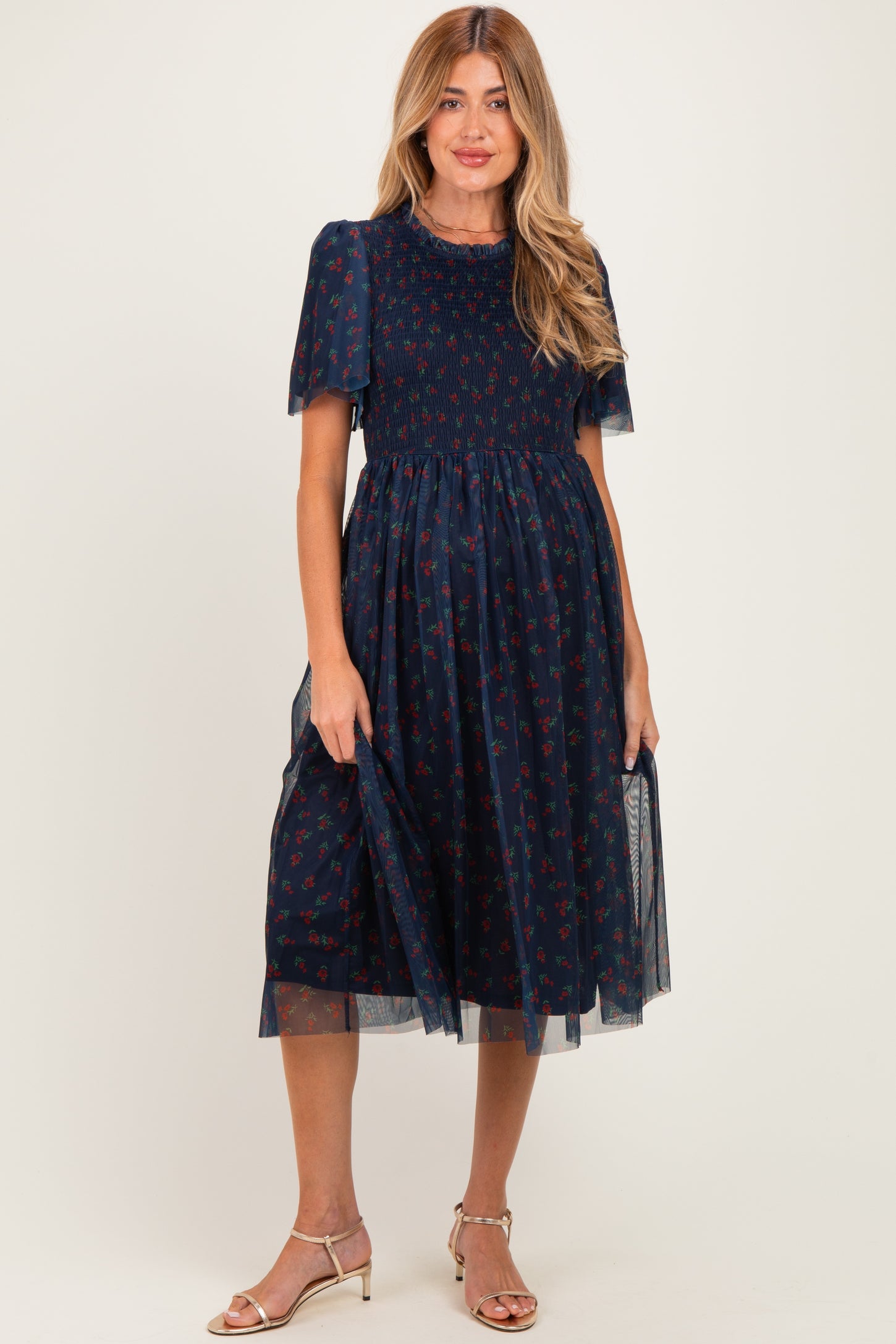 Dark Navy Floral Mesh Smocked Maternity Midi Dress