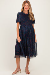 Dark Navy Floral Mesh Smocked Maternity Midi Dress