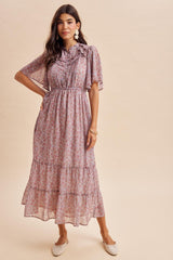 Dusty Rose Ruffle Floral Print Maxi Dress