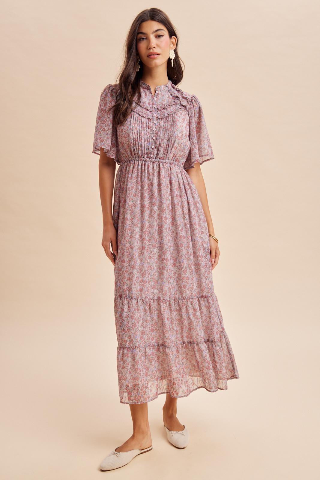 Dusty Rose Ruffle Floral Print Maxi Dress