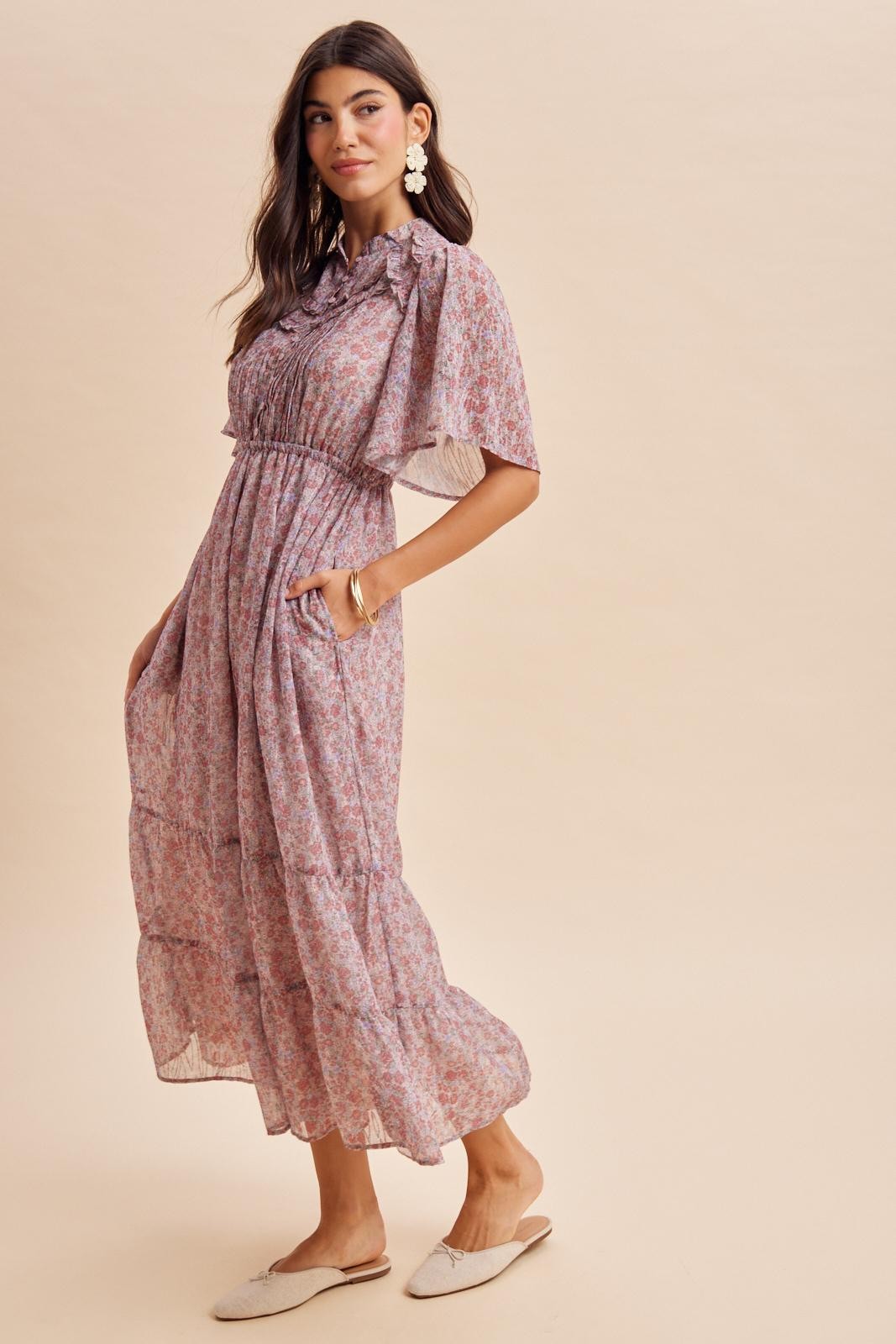 Dusty Rose Ruffle Floral Print Maxi Dress
