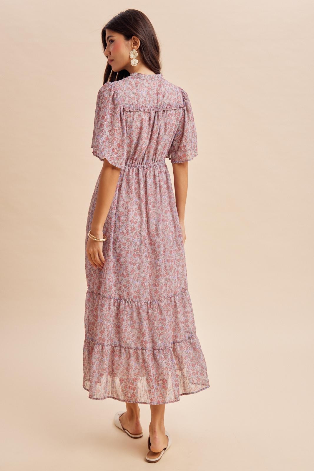 Dusty Rose Ruffle Floral Print Maxi Dress