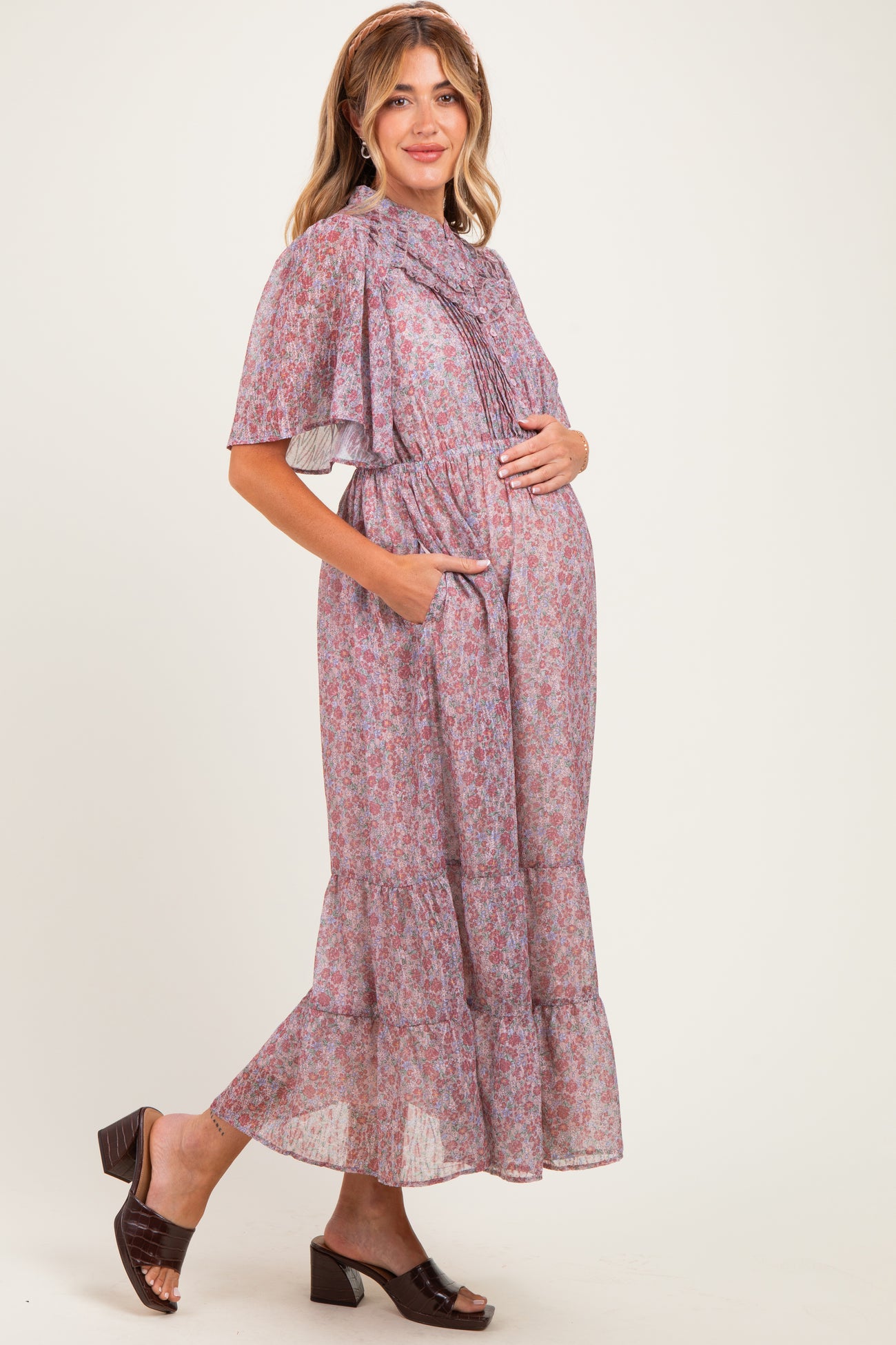 Dusty Rose Ruffle Floral Print Maternity Maxi Dress