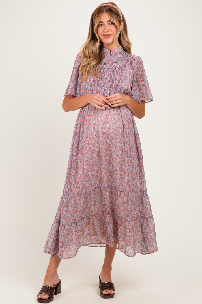 Dusty Rose Ruffle Floral Print Maternity Maxi Dress