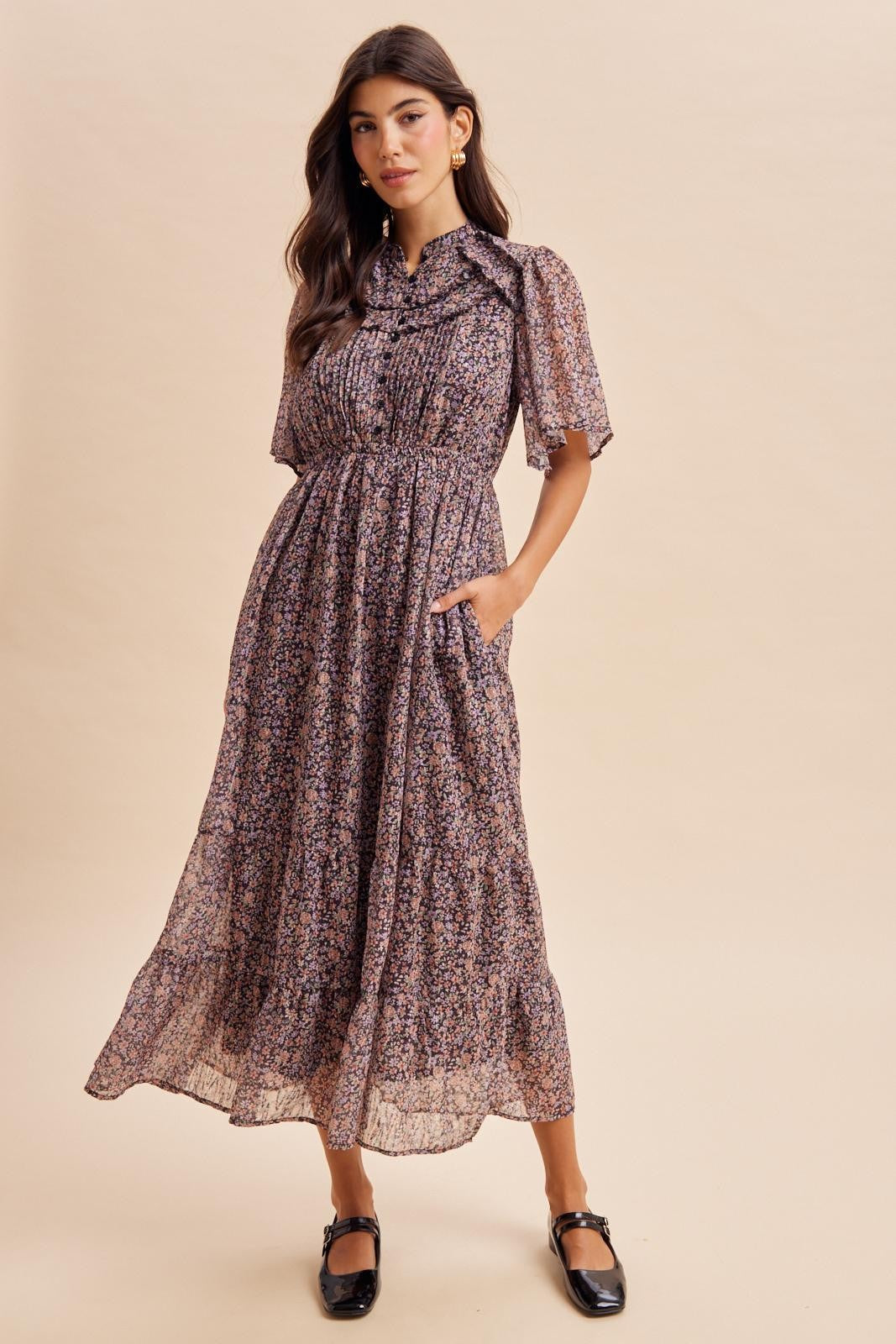 Midnight Ruffle Floral Print Maxi Dress