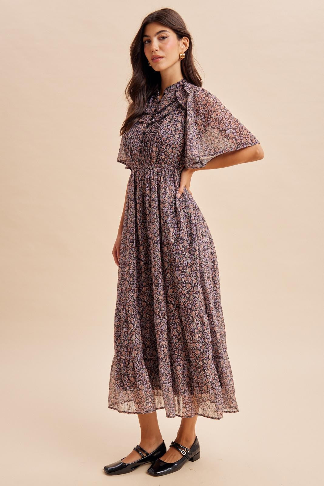 Midnight Ruffle Floral Print Maxi Dress