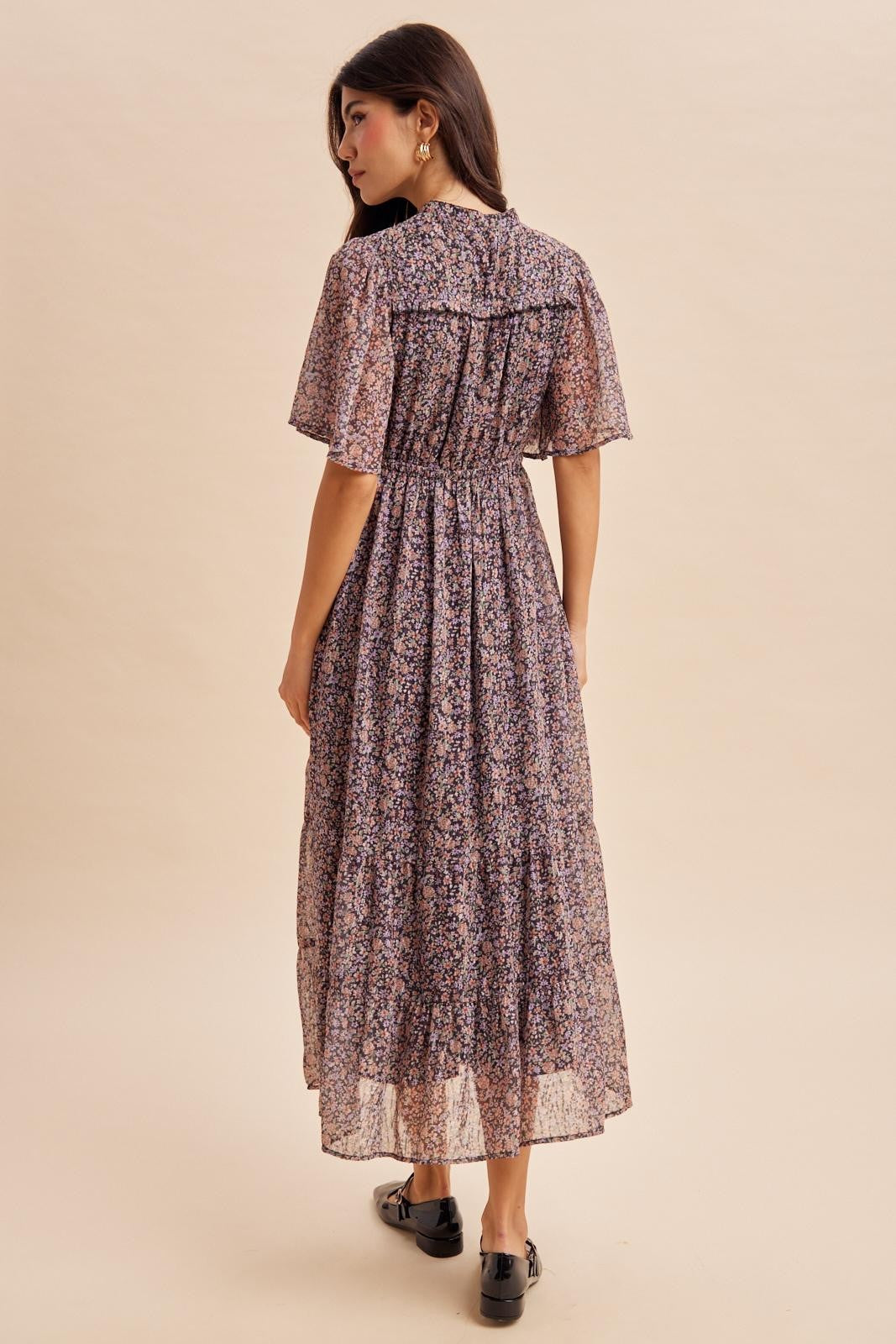Midnight Ruffle Floral Print Maxi Dress
