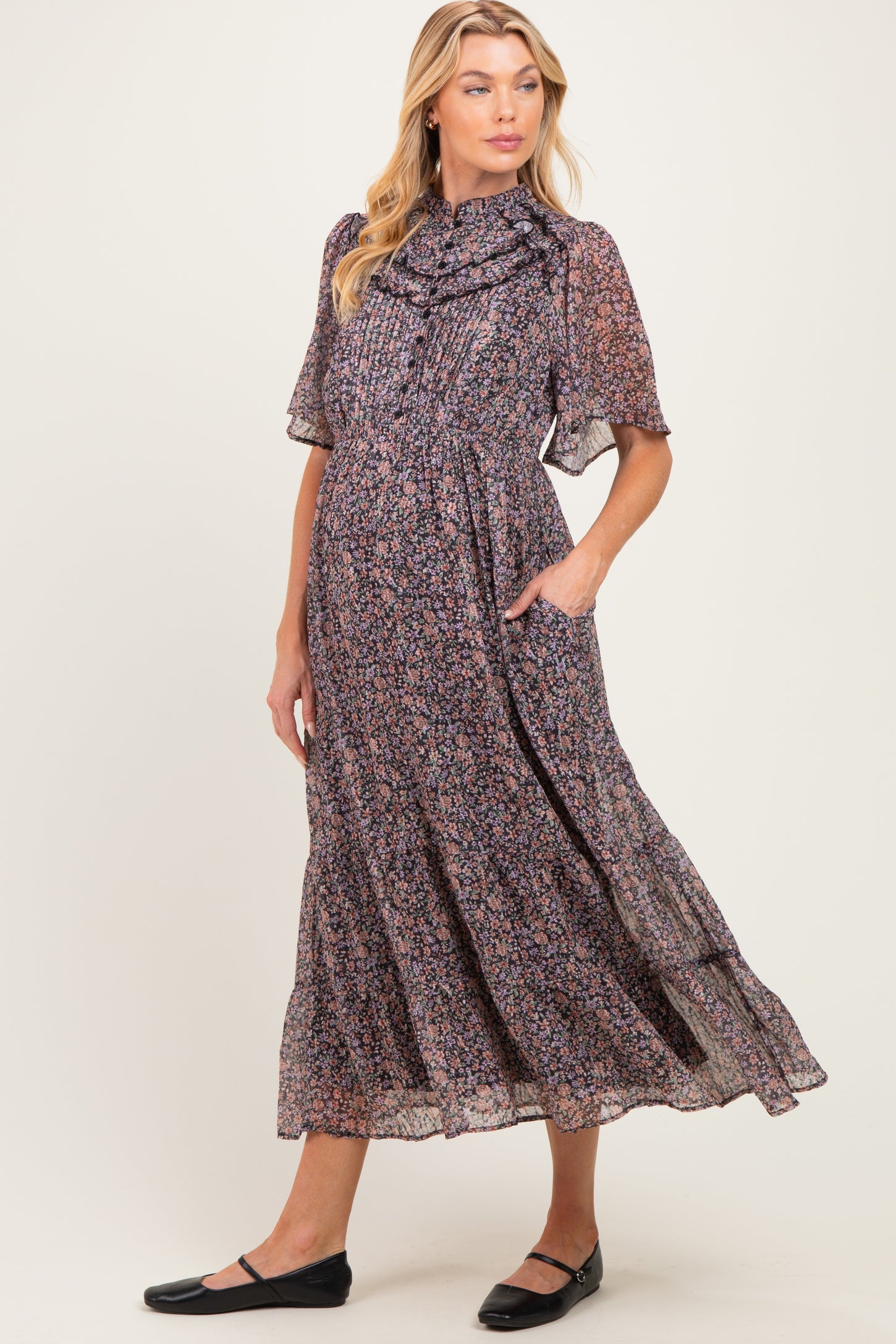 Midnight Ruffle Floral Print Maternity Maxi Dress