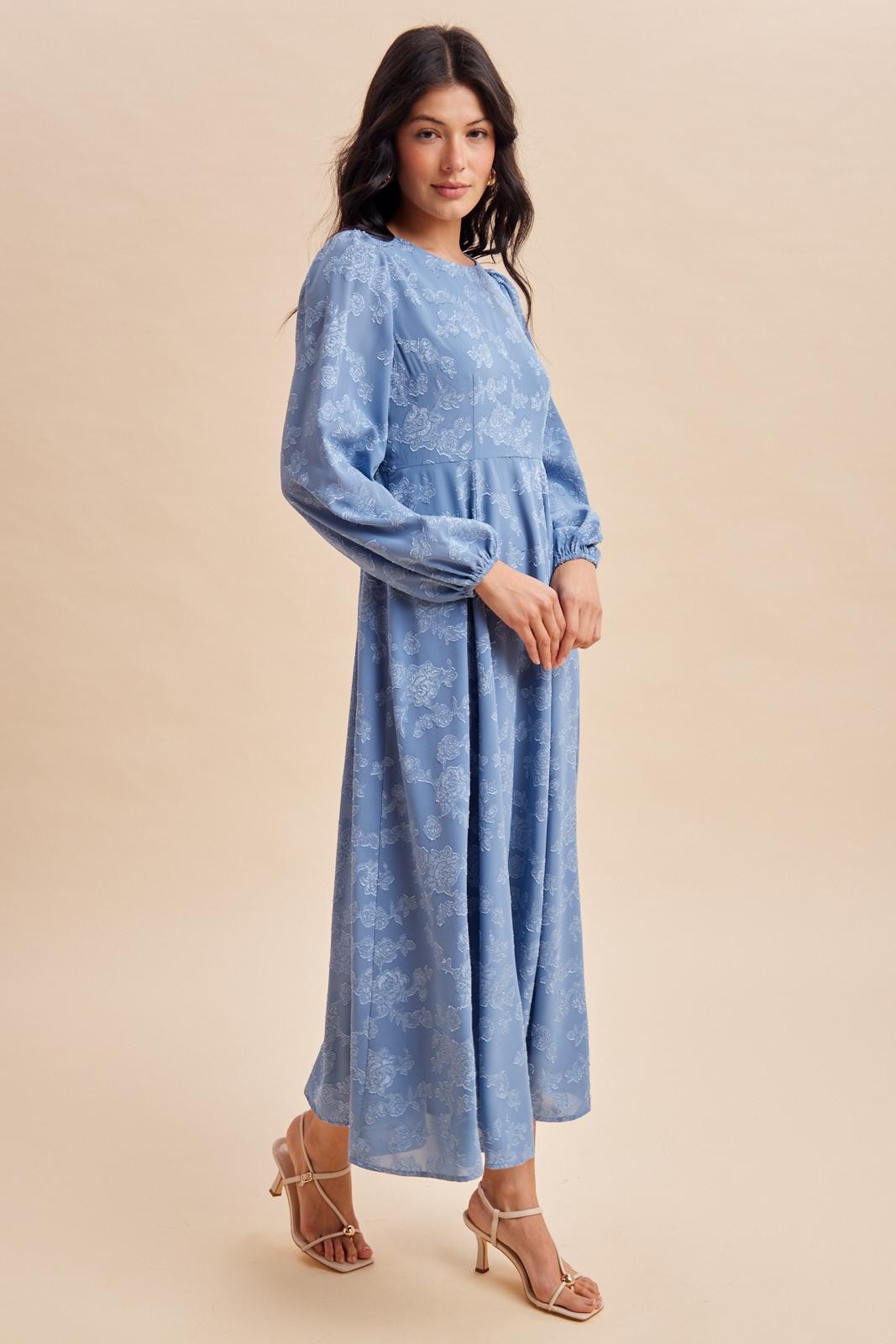 Blue Dusk Embossed Velvet Floral Maxi Dress