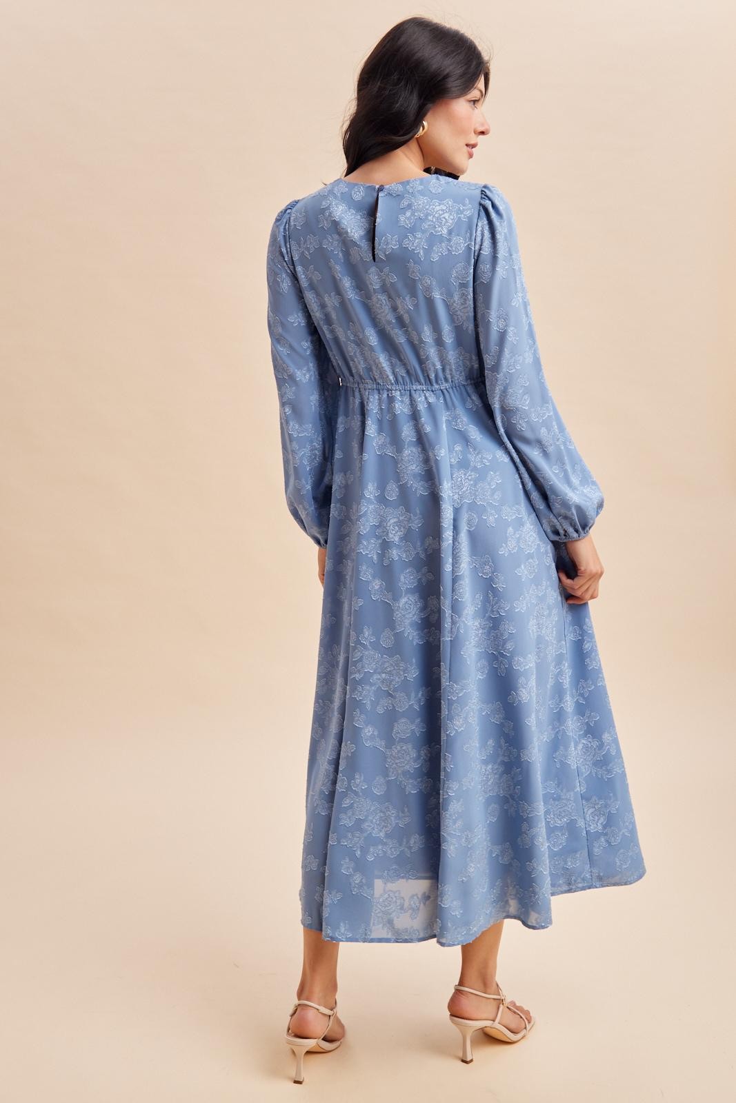 Blue Dusk Embossed Velvet Floral Maxi Dress
