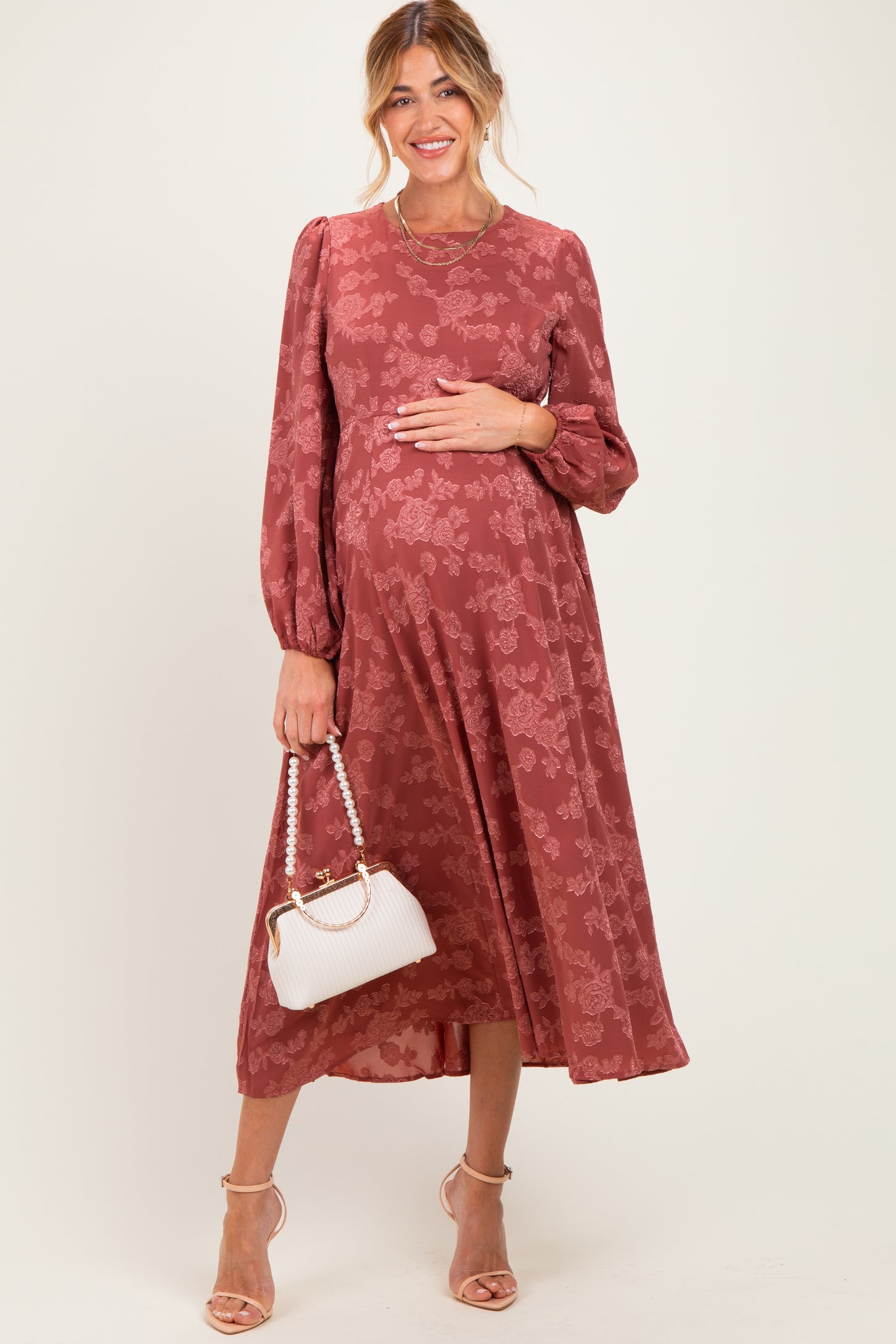 Rosewood Embossed Velvet Floral Maternity Maxi Dress