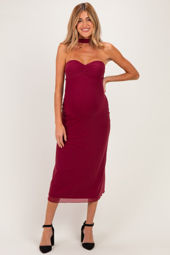 Burgundy Strapless Scarf Detail Mesh Maternity Midi Dress