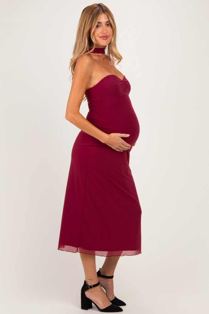Burgundy Strapless Scarf Detail Mesh Maternity Midi Dress