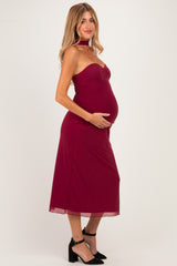 Burgundy Strapless Scarf Detail Mesh Maternity Midi Dress