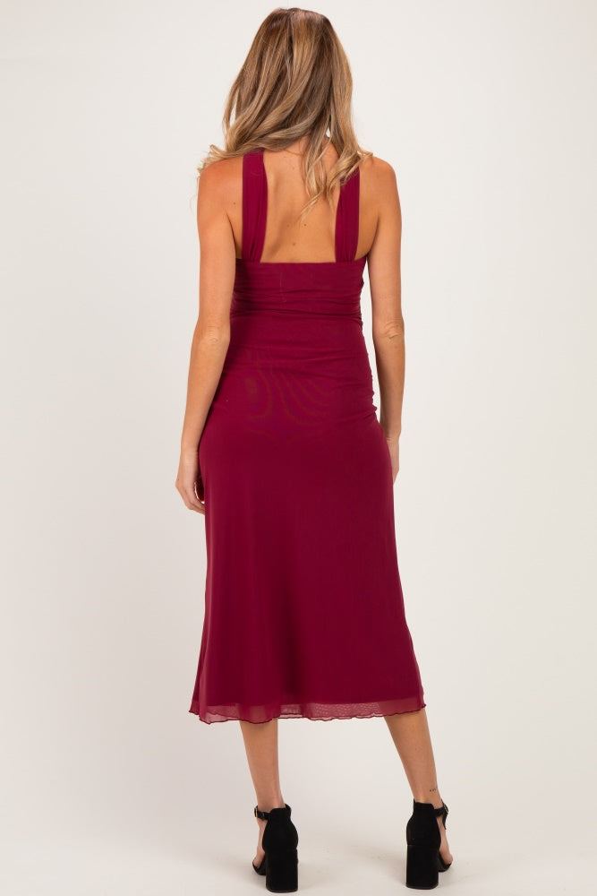 Burgundy Strapless Scarf Detail Mesh Maternity Midi Dress