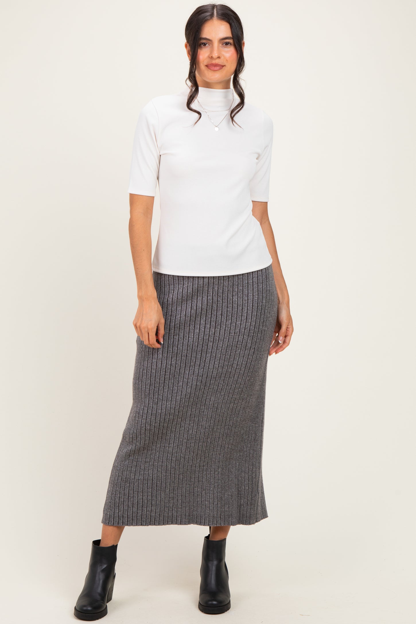 Charcoal Two Tone Ribbed Sweater Midi Skirt