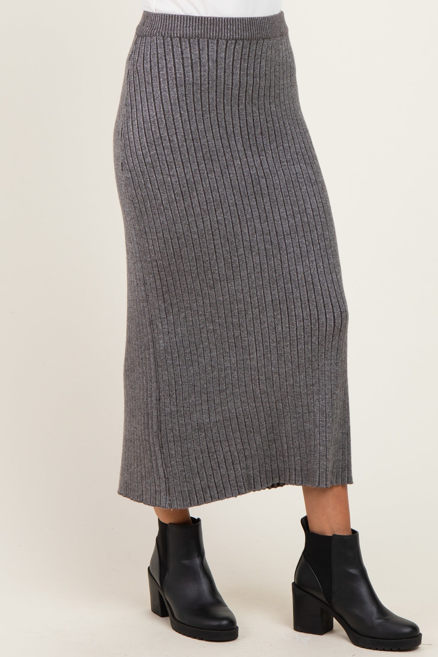 Charcoal Two Tone Ribbed Sweater Midi Skirt