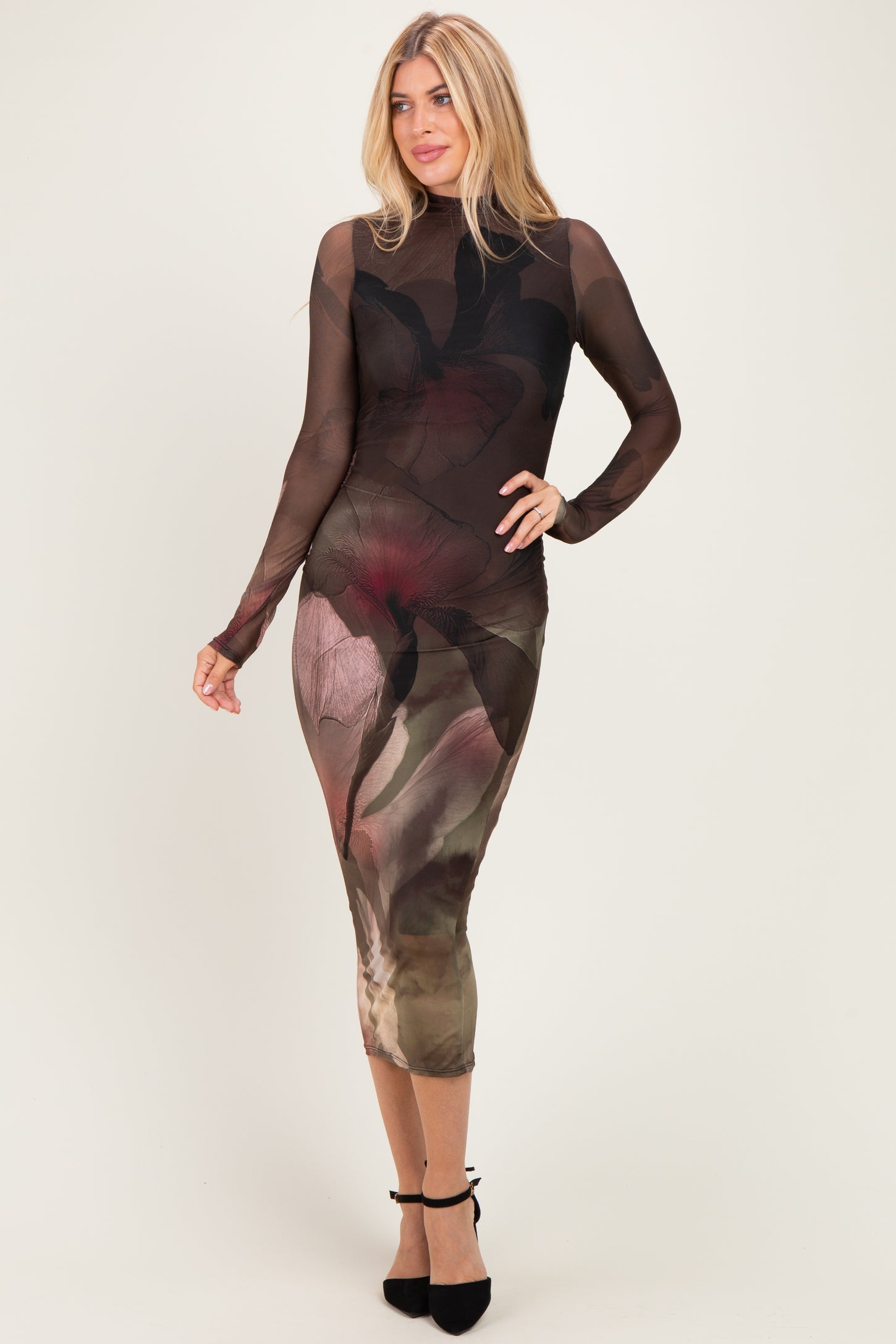 Olive Large Floral Print Mesh Long Sleeve Midi Dress