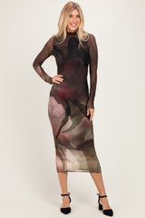 Olive Large Floral Print Mesh Long Sleeve Midi Dress