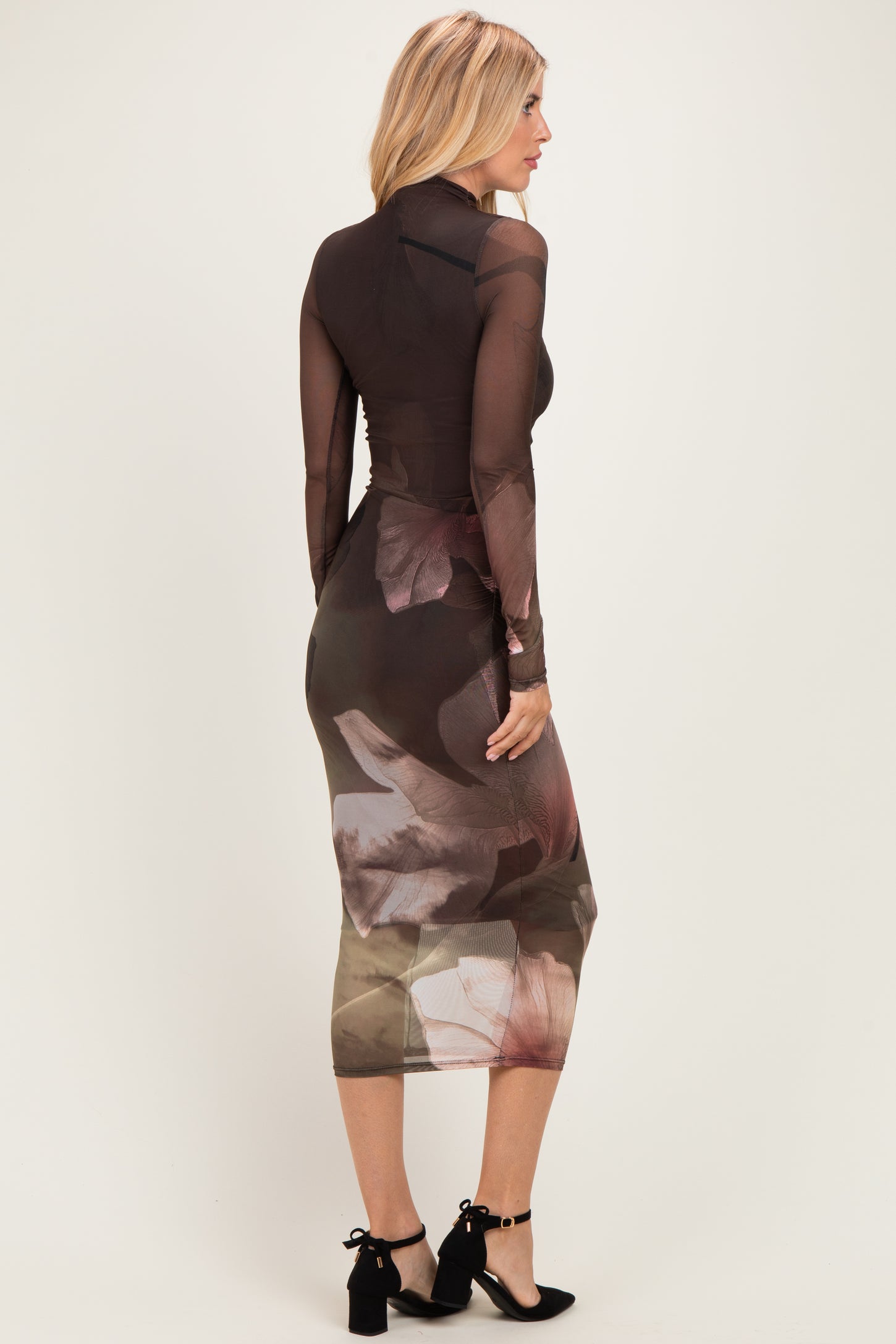 Olive Large Floral Print Mesh Long Sleeve Midi Dress