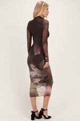 Olive Large Floral Print Mesh Long Sleeve Midi Dress