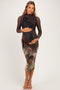 Olive Large Floral Print Mesh Long Sleeve Maternity Midi Dress