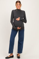 Charcoal Ribbed Fitted Mock Neck Long Sleeve Maternity Top