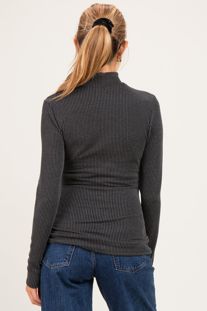 Charcoal Ribbed Fitted Mock Neck Long Sleeve Maternity Top