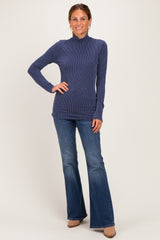 Navy Ribbed Fitted Mock Neck Long Sleeve Top