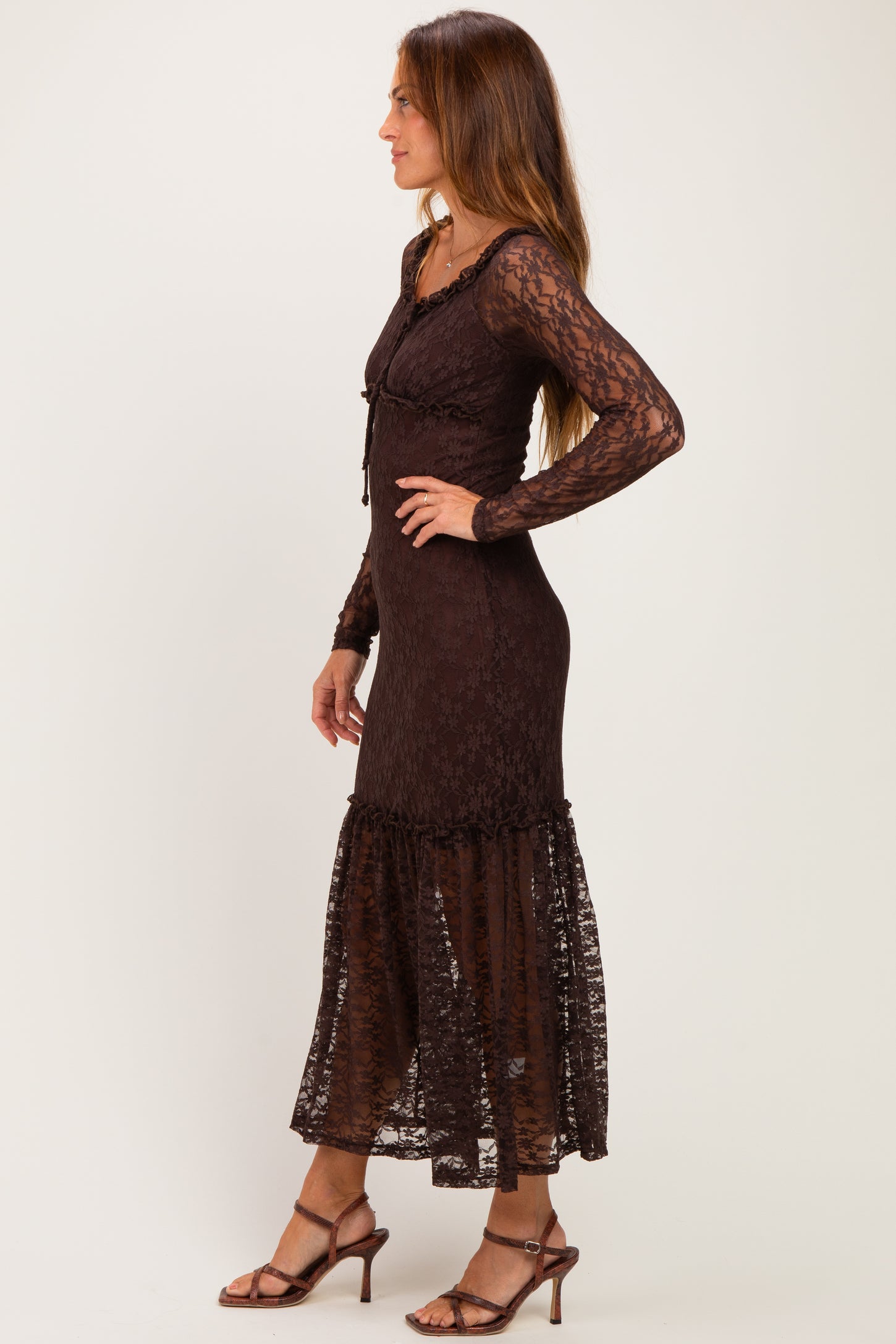 Brown Off Shoulder Long Sleeve Boho Maxi Dress