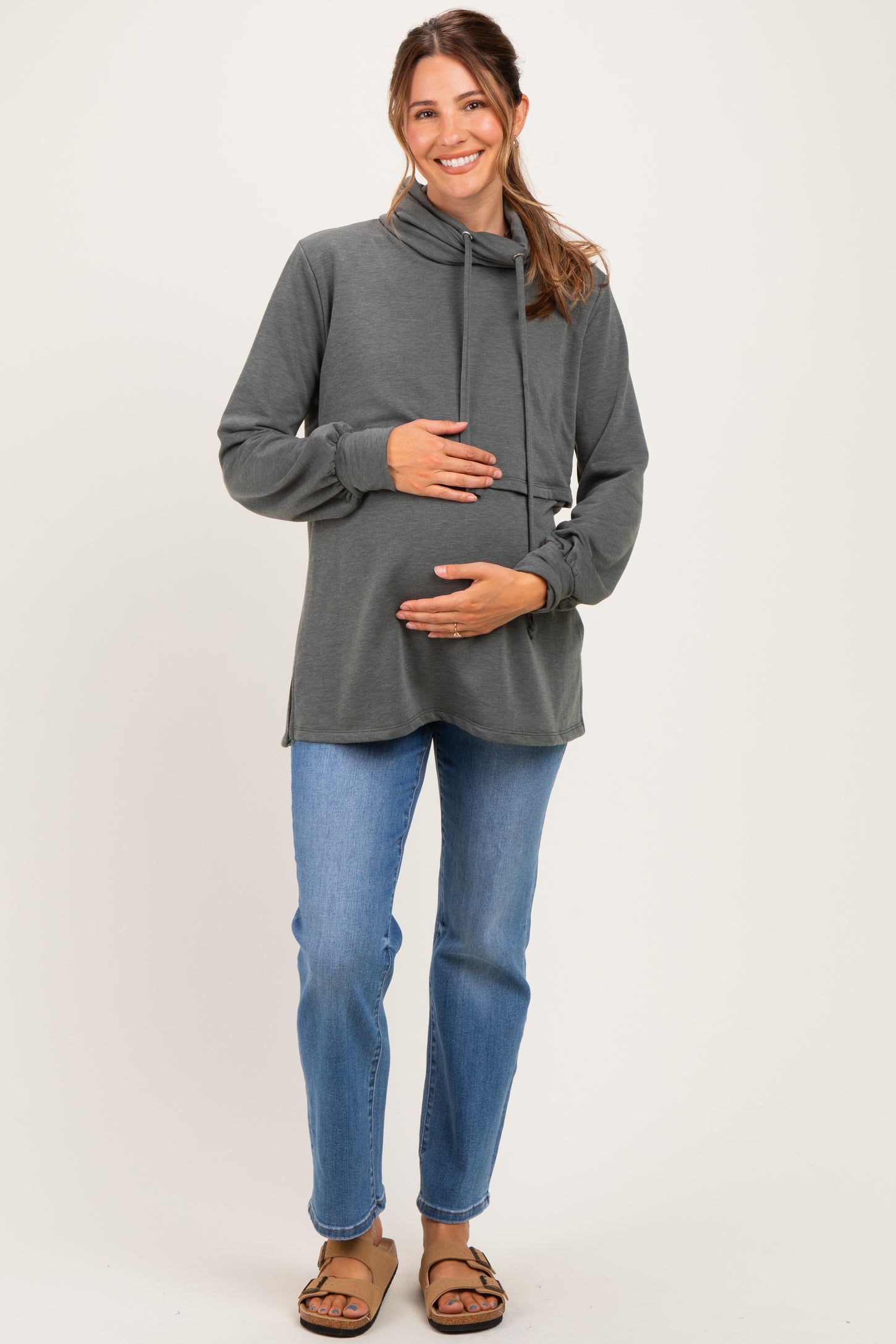 Olive Long Sleeve Drawstring Hooded Maternity Pullover