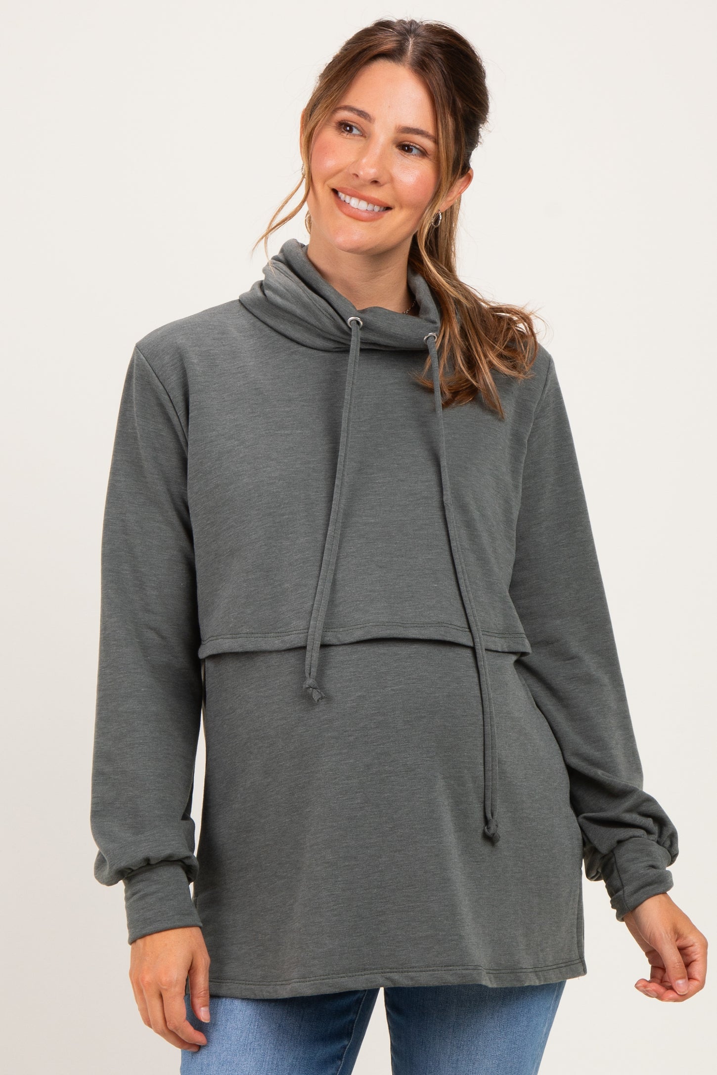 Olive Long Sleeve Drawstring Hooded Maternity Pullover