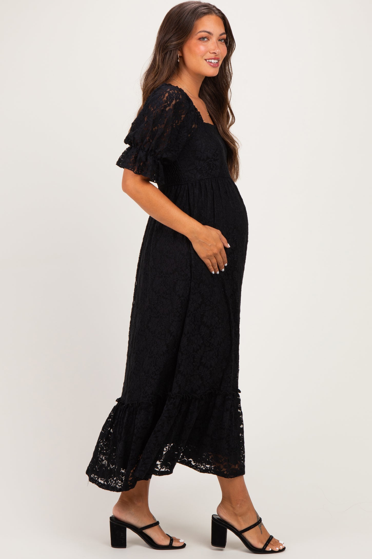 Black Floral Lace Square Neck Maternity Maxi Dress