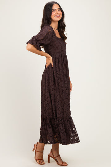 Brown Lace Square Neck Maxi Dress