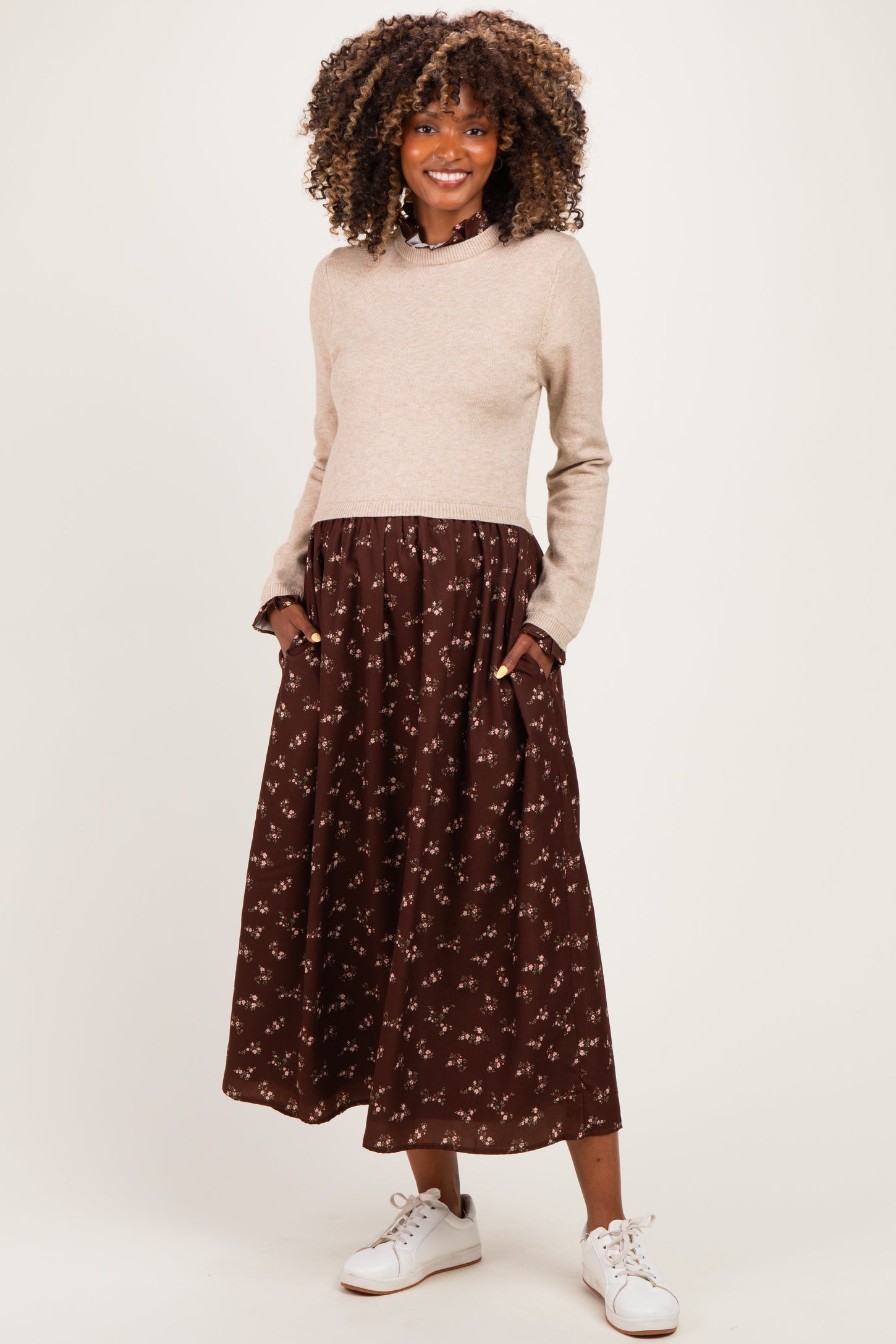 Mocha Floral Sweater Contrast Maternity Midi Dress