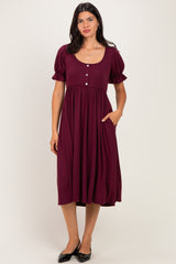 Burgundy Button Front Short Ruffle Sleeve Midi Dress