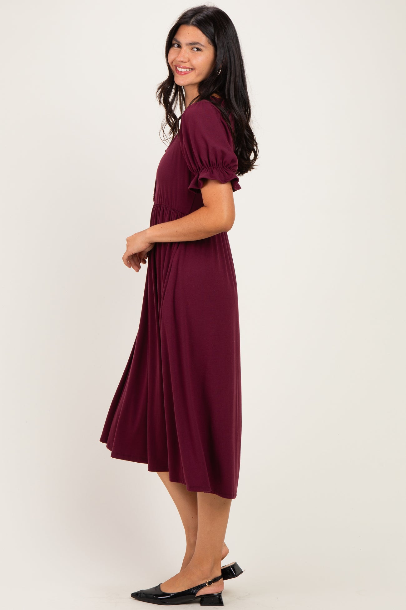 Burgundy Button Front Short Ruffle Sleeve Midi Dress