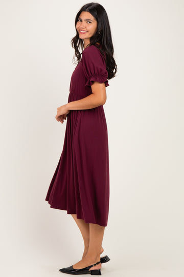 Burgundy Button Front Short Ruffle Sleeve Midi Dress